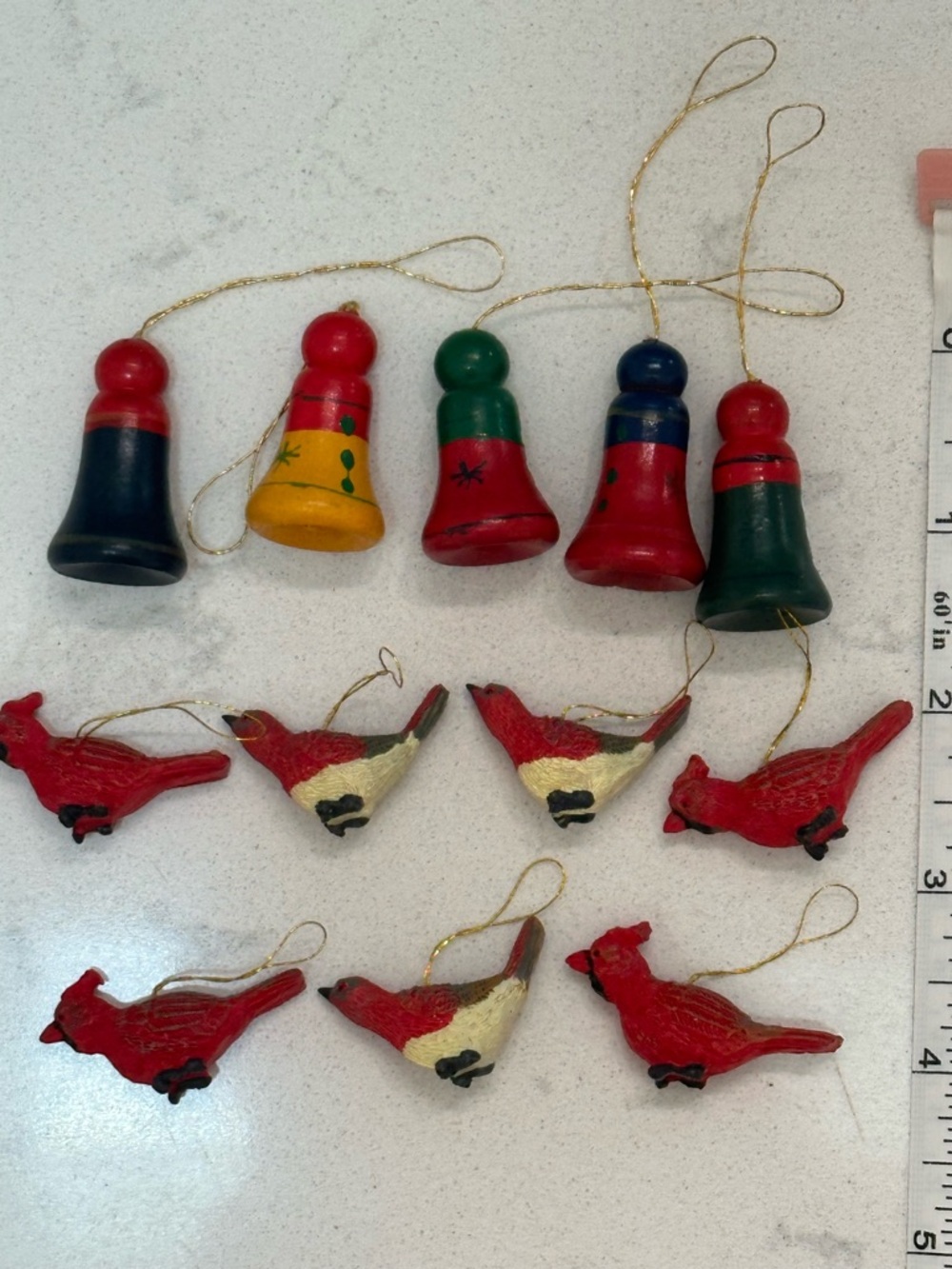 Handpainted Wooden Bell and Cardinal Ornaments - Set of 11